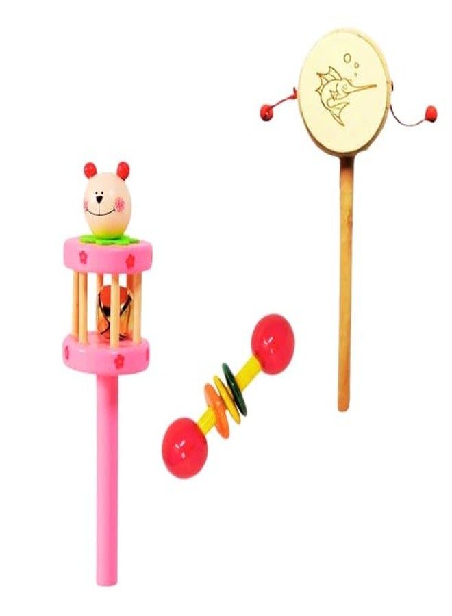 Little Mind olourful Wooden Baby Rattle Toy-Hand Crafted Rattle Set for Kids-Musical Toy for Newly Born-Pack of 3 (White Damura, Teathar, Cage Rattle) - Image 1
